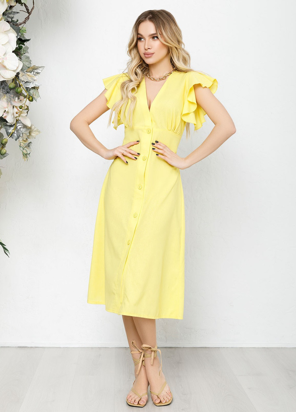 Желтое повседневный платье женское колокол ISSA PLUS однотонное