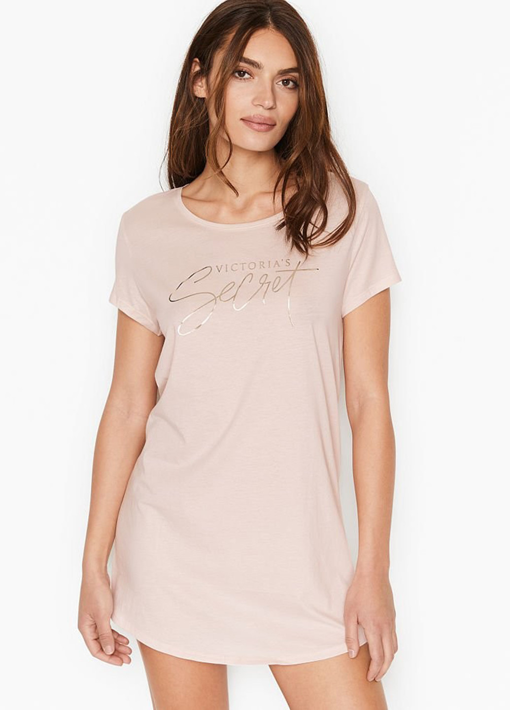Ночная рубашка Victoria's Secret надпись пудровая домашняя хлопок, трикотаж