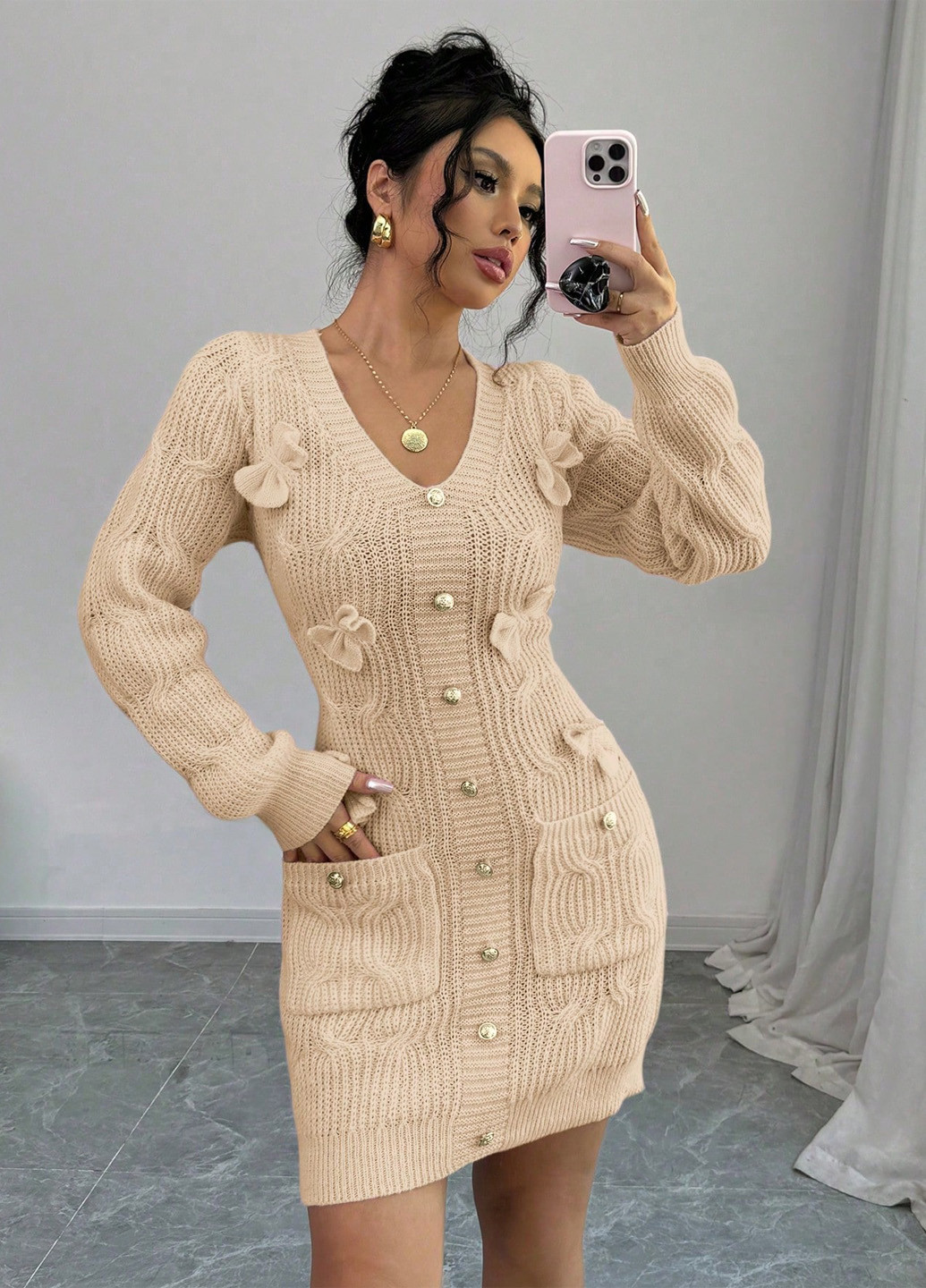 Кремовое кэжуал платье платье-свитер SHEIN однотонное