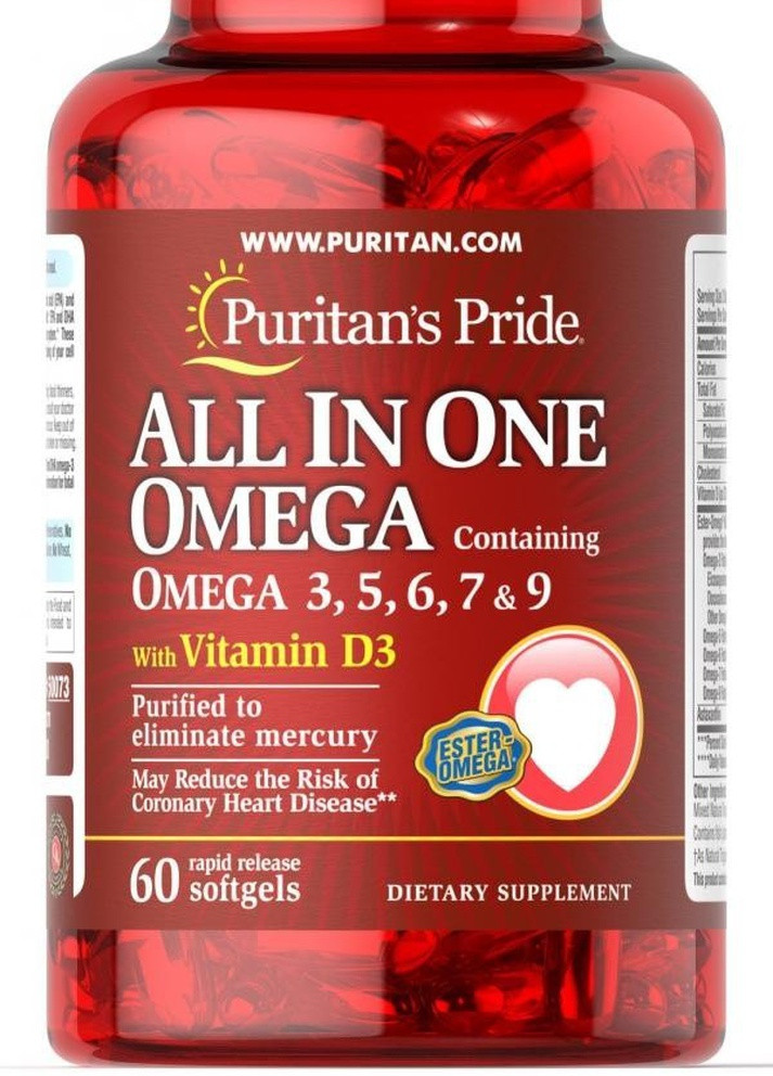 Жирні кислоти All In One Omega 3, 5, 6, 7 and 9 with Vitamin D3 60 Softgels Puritans Pride (232327072)