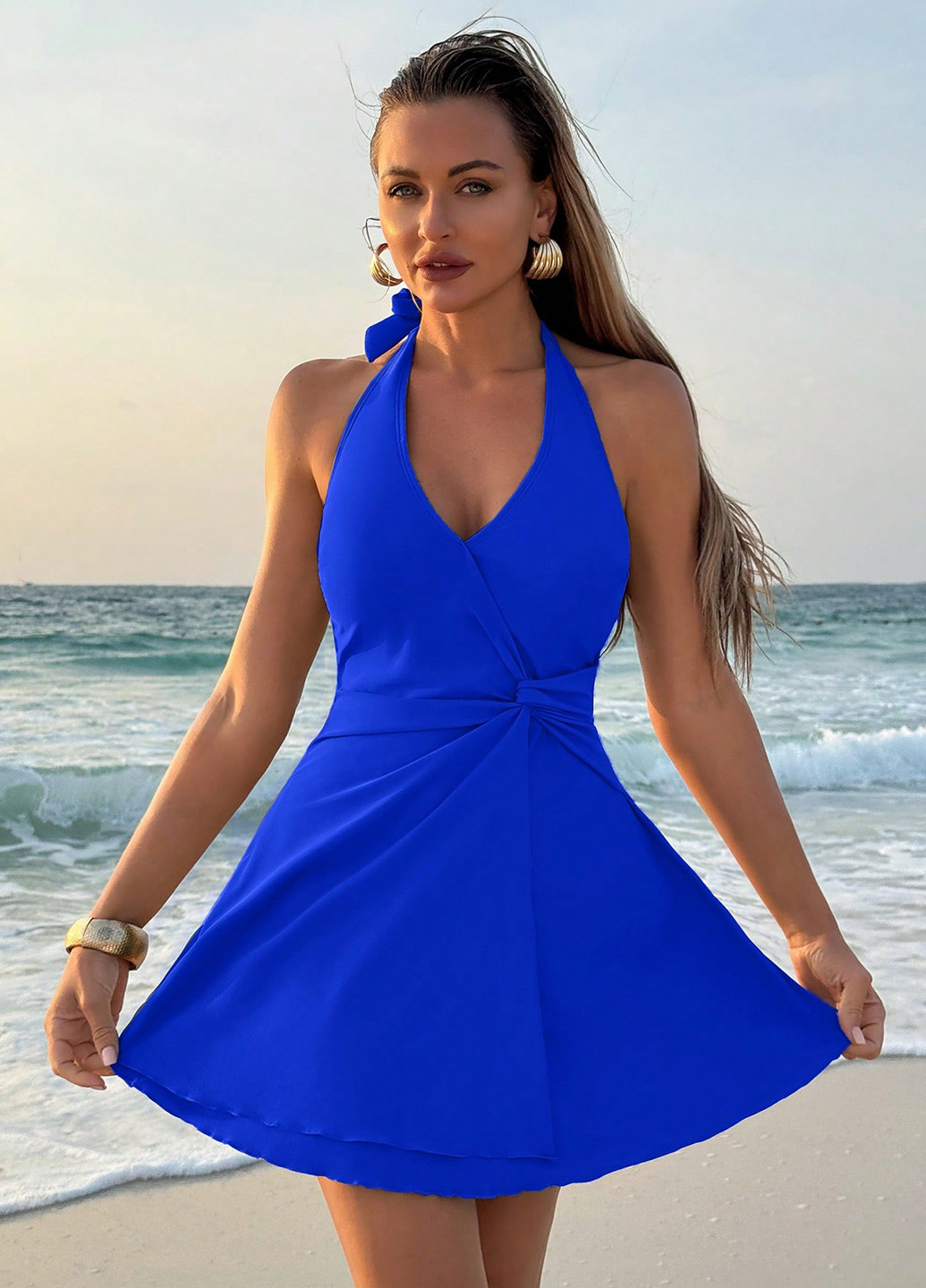 Синее пляжное платье а-силуэт SHEIN однотонное