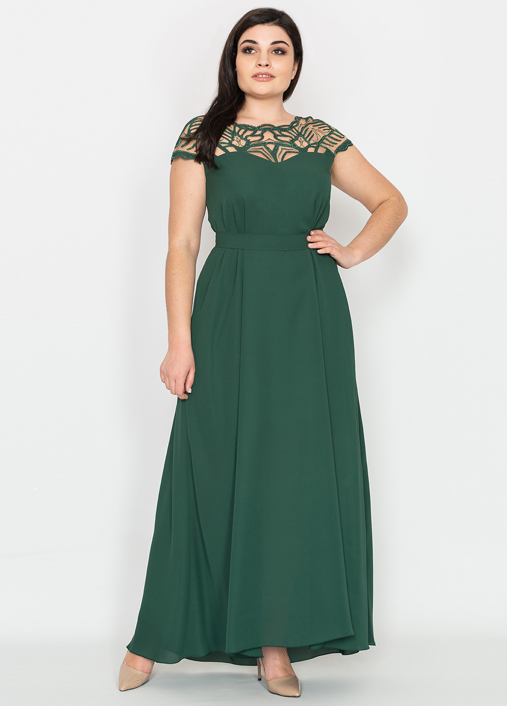 Темно-зеленое вечернее платье а-силуэт Seam с абстрактным узором