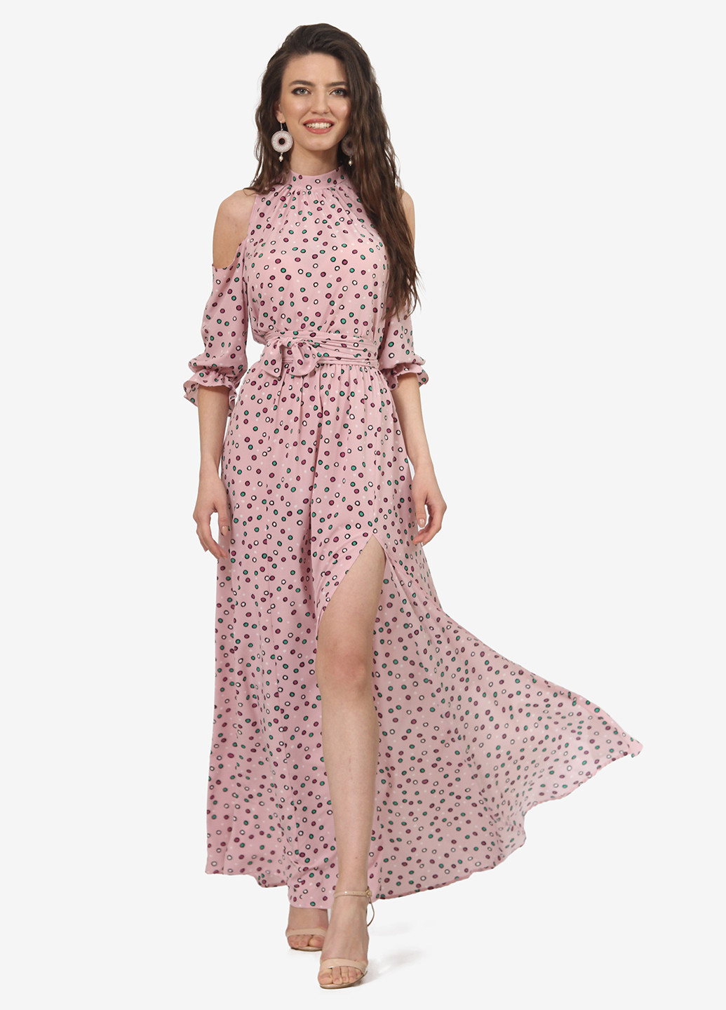 Розовое кэжуал платье клеш Lila Kass в горошек