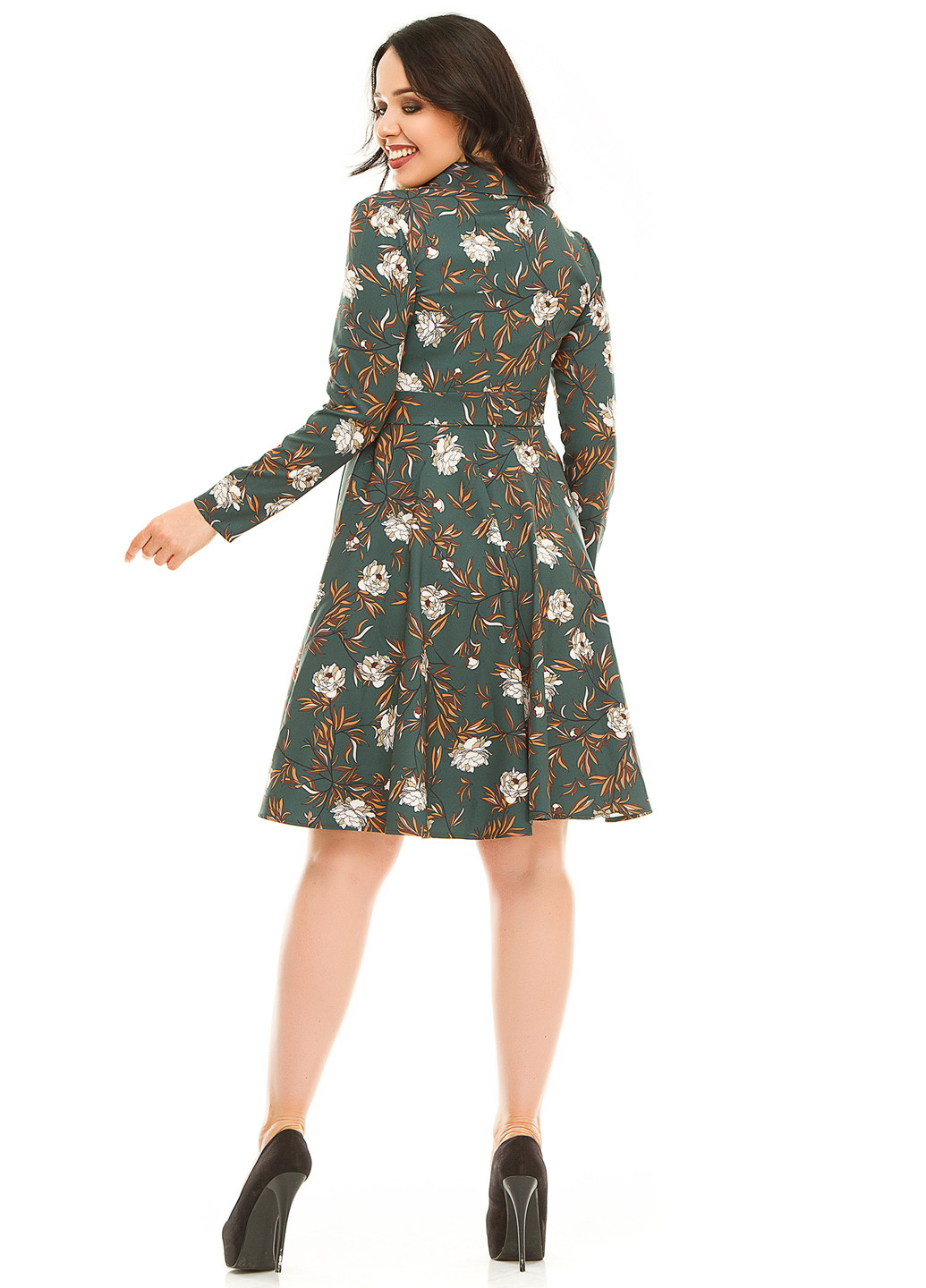 Темно-зеленое кэжуал платье клеш Lady Style с цветочным принтом