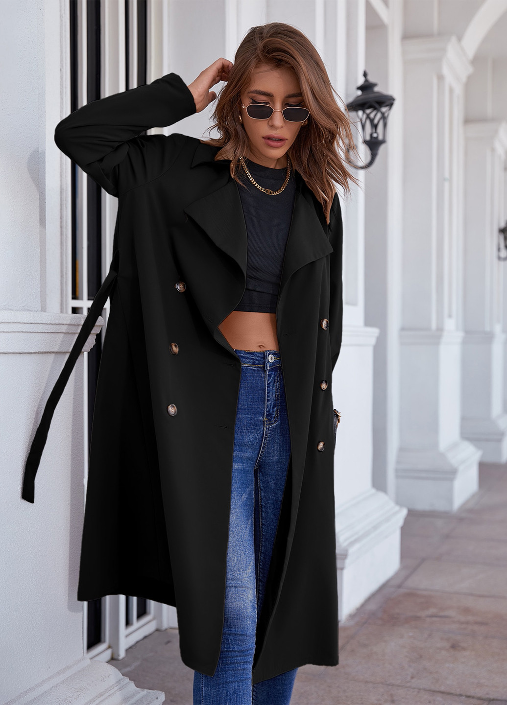 Пальто SHEIN тренчкот на завязках, на пуговицах демисезон (366639158)