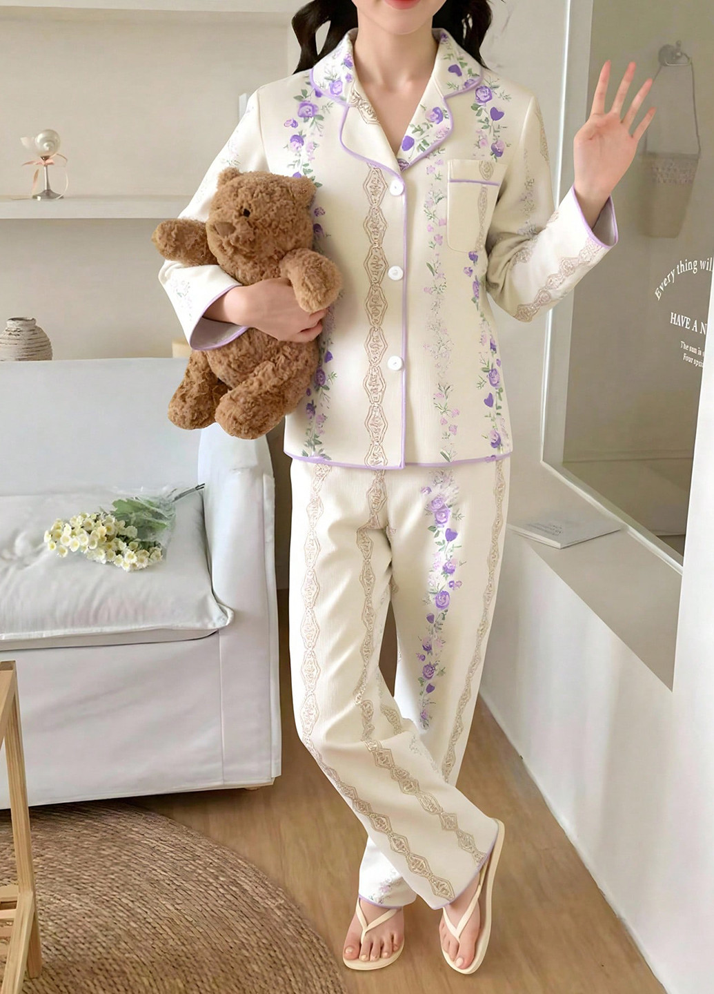 Кремовая всесезон пижама (рубашка, брюки) рубашка + брюки SHEIN