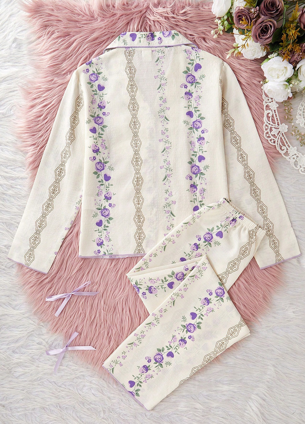 Кремовая всесезон пижама (рубашка, брюки) рубашка + брюки SHEIN