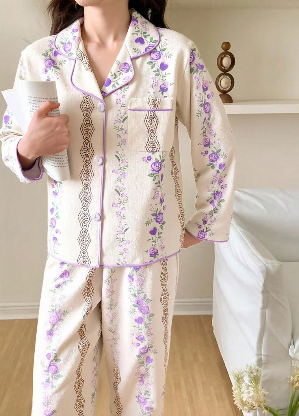 Кремовая всесезон пижама (рубашка, брюки) рубашка + брюки SHEIN