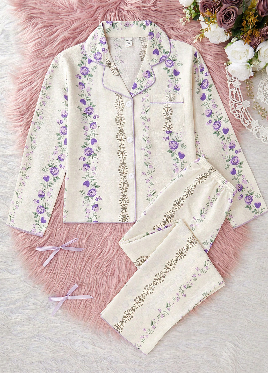 Кремовая всесезон пижама (рубашка, брюки) рубашка + брюки SHEIN