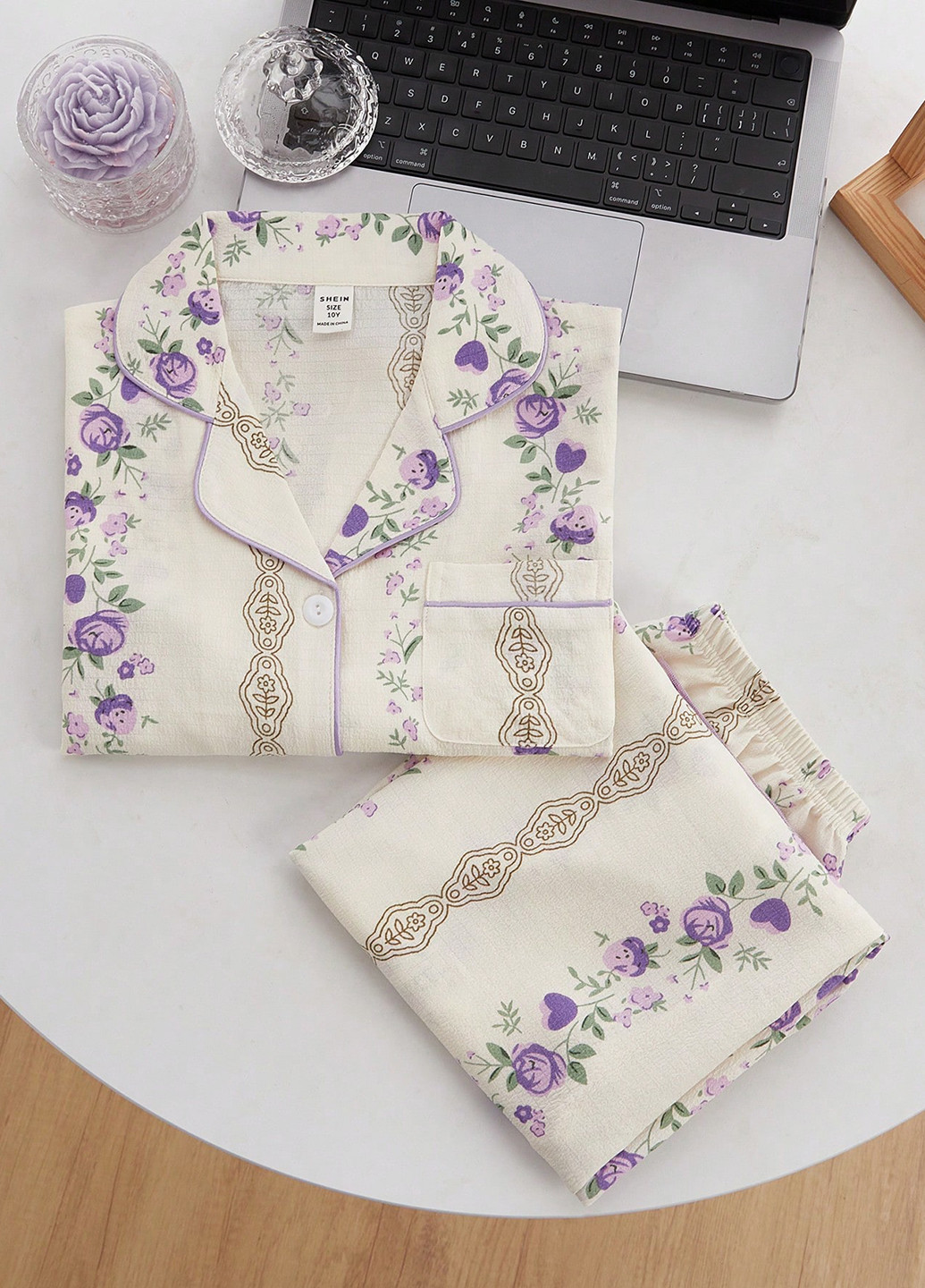 Кремовая всесезон пижама (рубашка, брюки) рубашка + брюки SHEIN