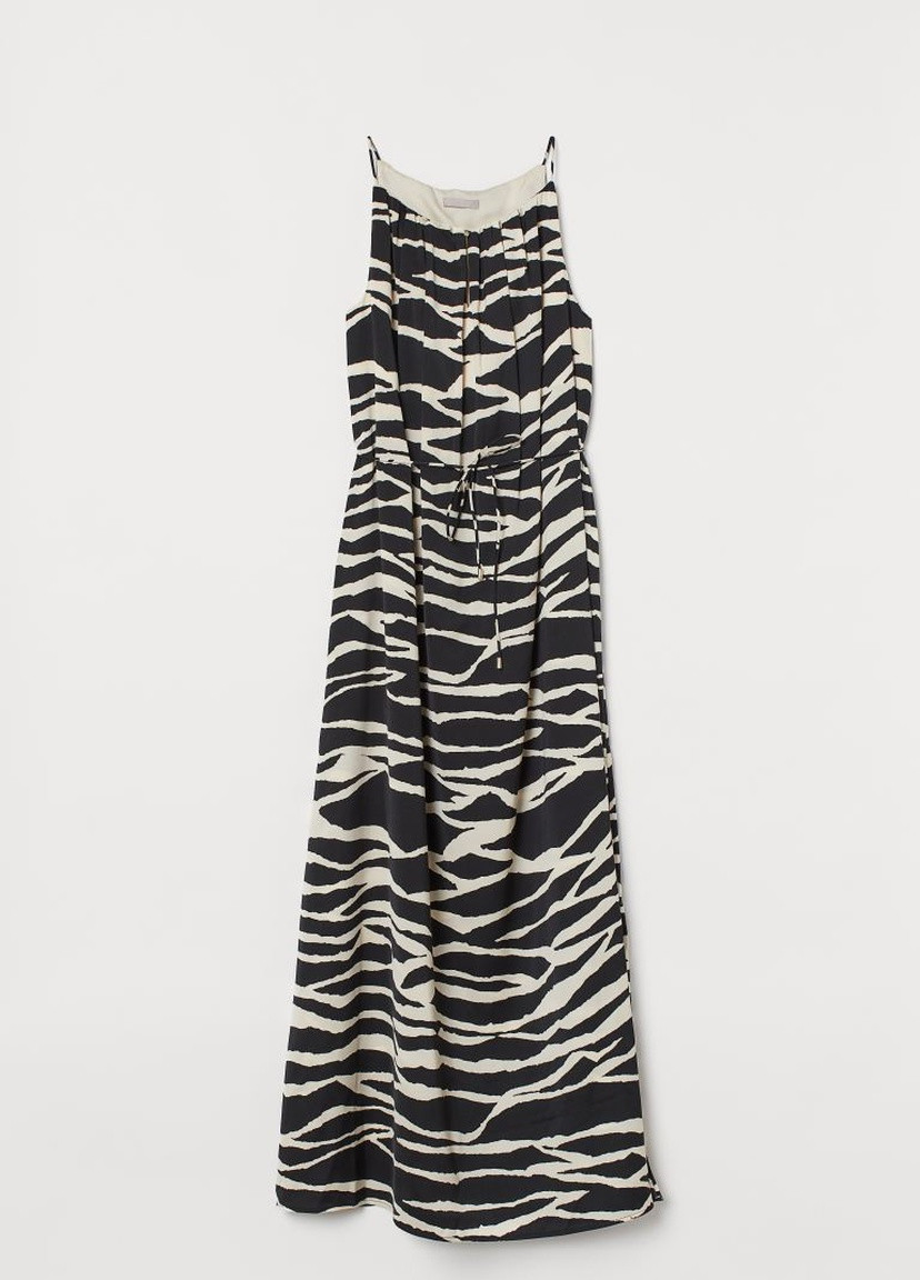 Черное вечернее длинное атласное платье H&M зебра