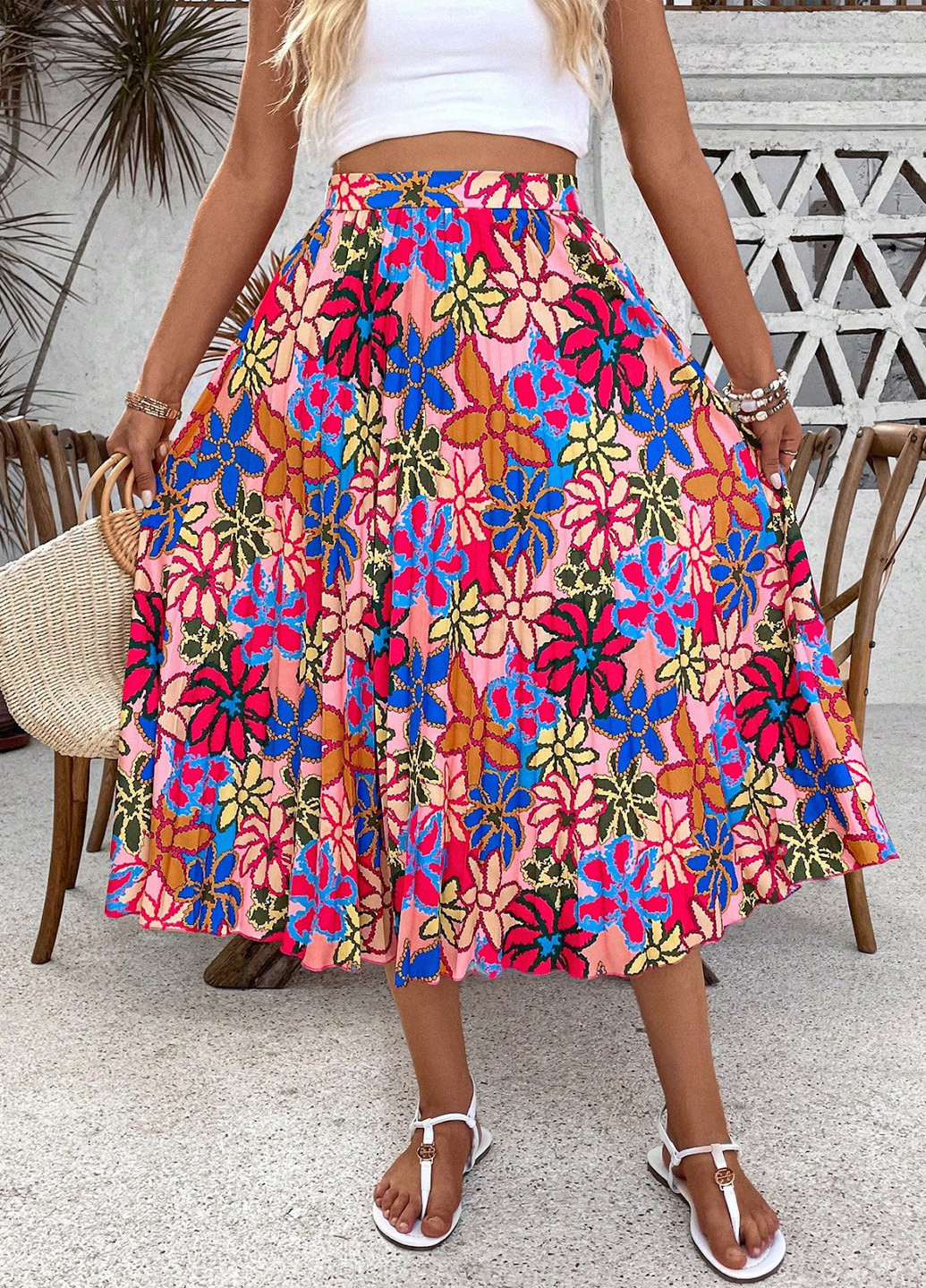 Разноцветная кэжуал цветочной расцветки юбка SHEIN плиссе