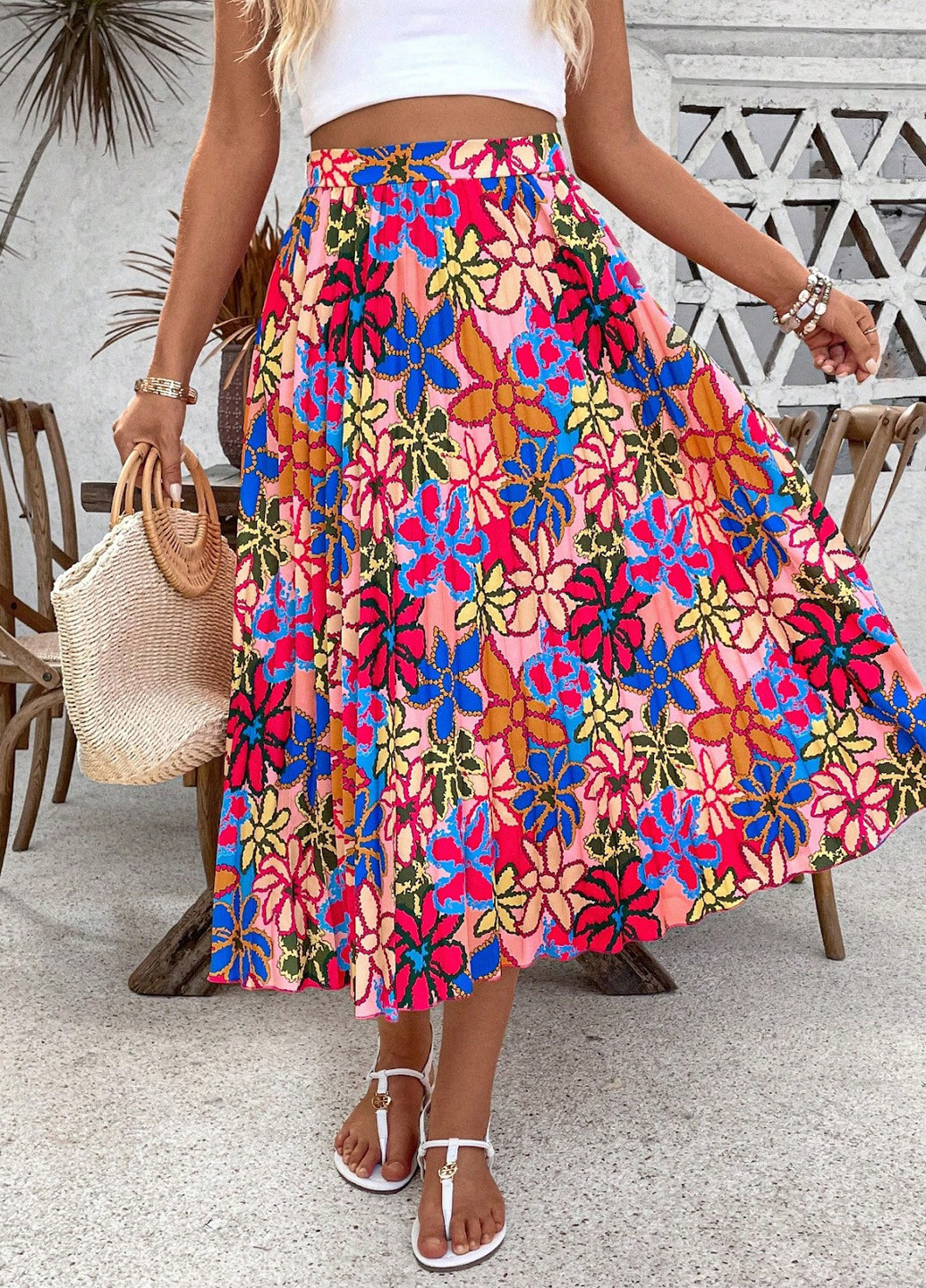 Разноцветная кэжуал цветочной расцветки юбка SHEIN плиссе