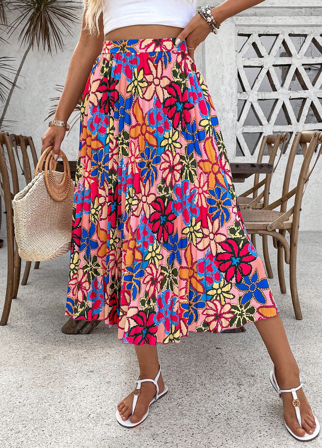 Разноцветная кэжуал цветочной расцветки юбка SHEIN плиссе