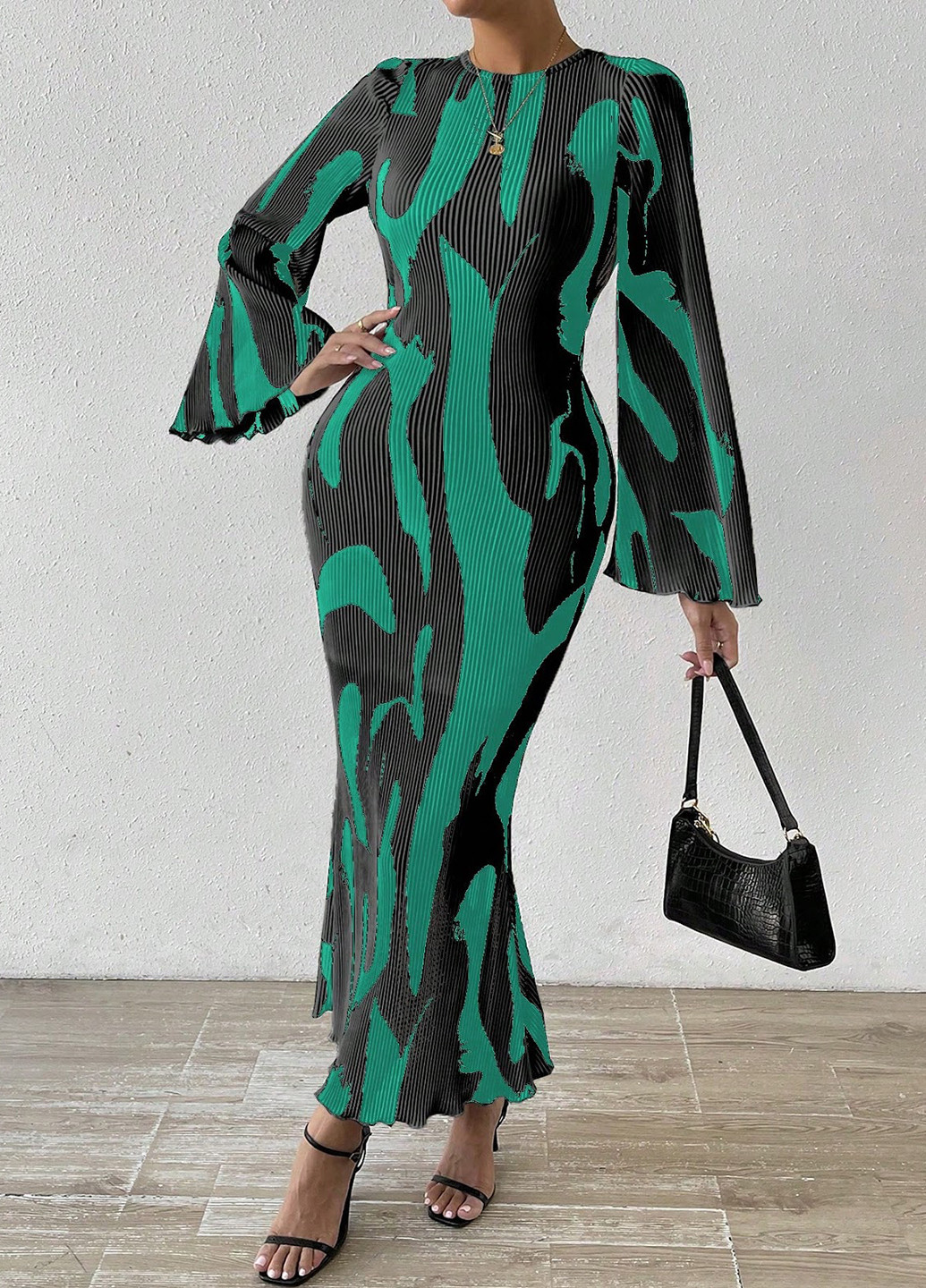 Зеленое кэжуал, вечернее платье SHEIN с абстрактным узором