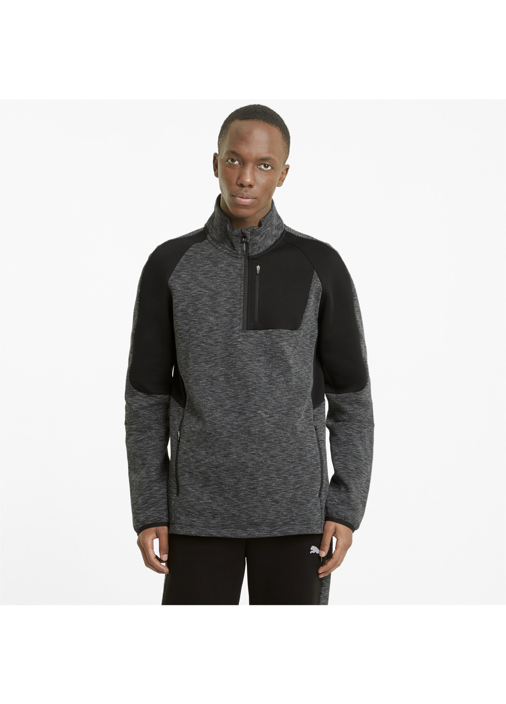 Толстовка Evostripe Half-Zip Men's Sweater Puma однотонная чёрная спортивная хлопок, полиэстер