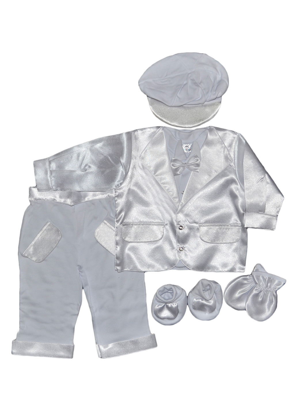 Белый демисезонный комплект (пиджак, кофта, брюки, берет, царапки, пинетки) Kardesler