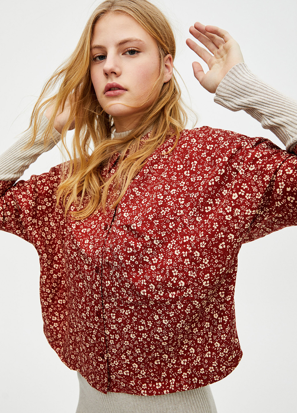 Бордовая кэжуал рубашка с цветами Pull&Bear