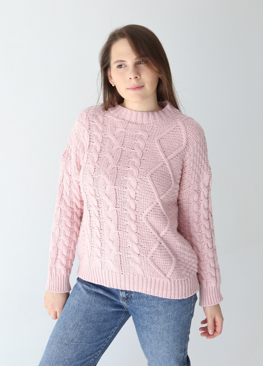 Розовый демисезонный свитер женский розовый крупная вязка косами JEANSclub Свободная