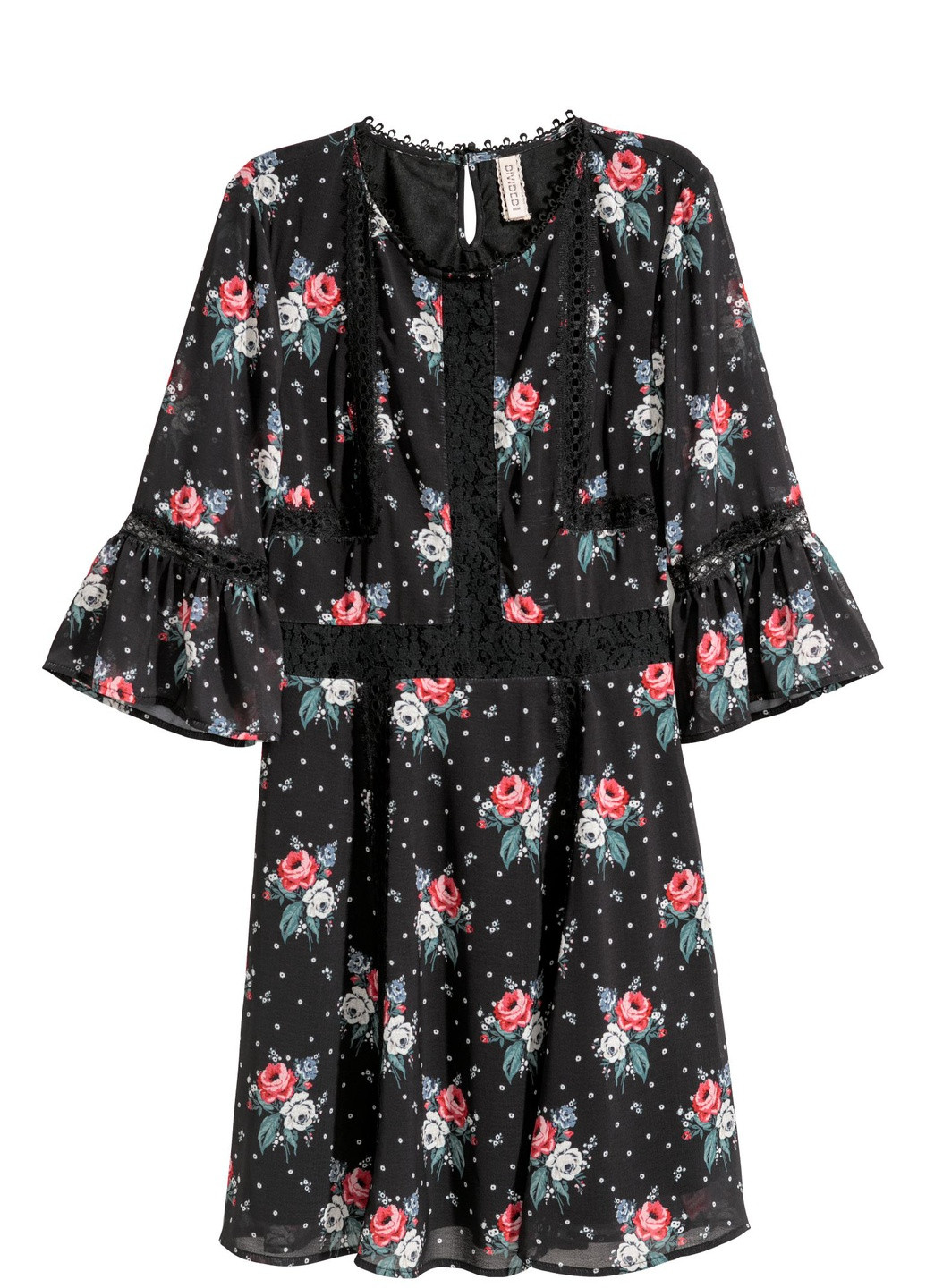 Черное кэжуал платье с кружевом H&M с цветочным принтом