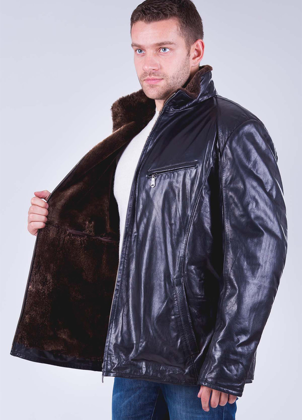 Чорна зимня куртка шкіряна (хутро овчина) Nature Collection