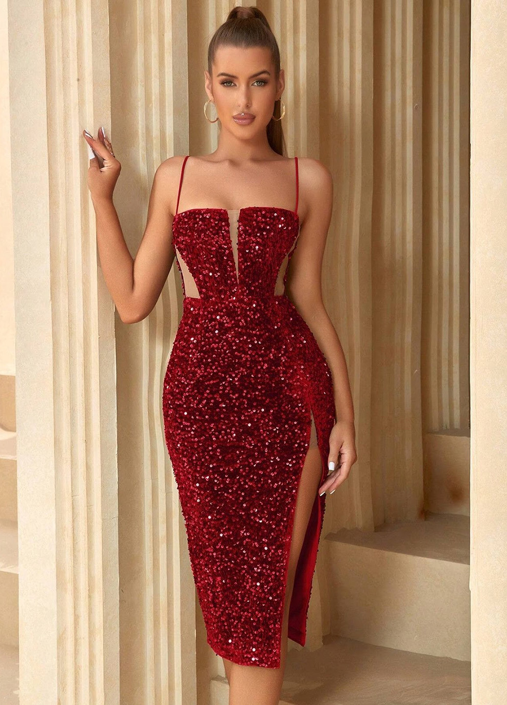 Красное вечернее, коктейльное платье силуэтная SHEIN однотонное