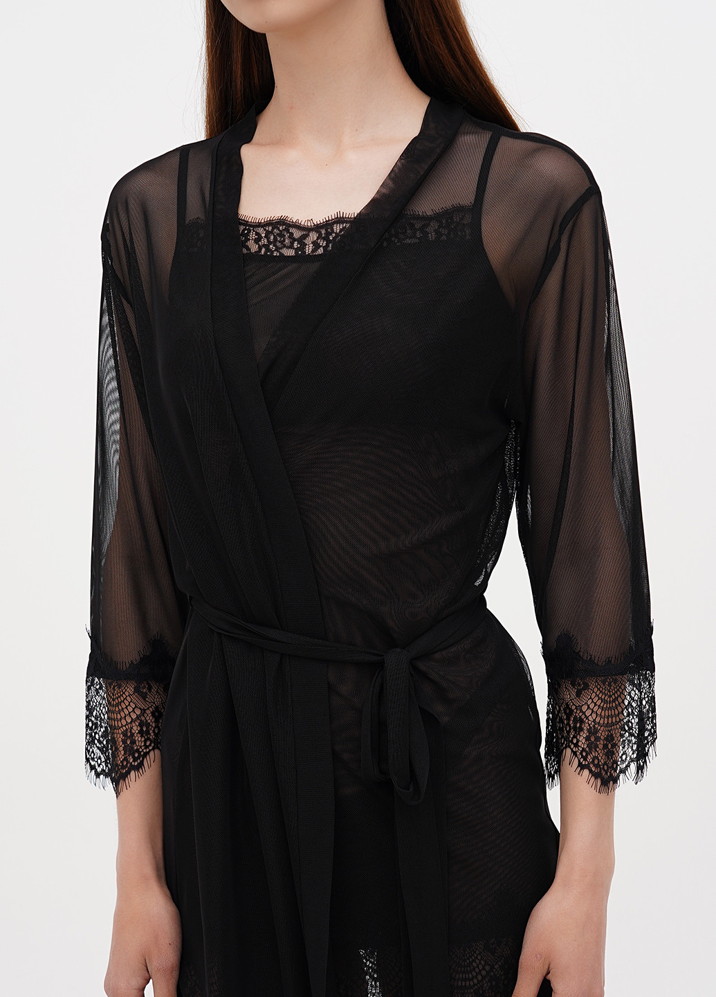 Чорний демісезонний комплект (халат, нічна сорочка) Fleri