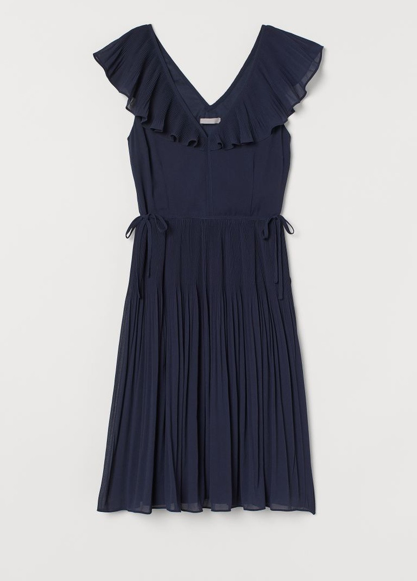 Темно-синее кэжуал плиссированное платье H&M однотонное