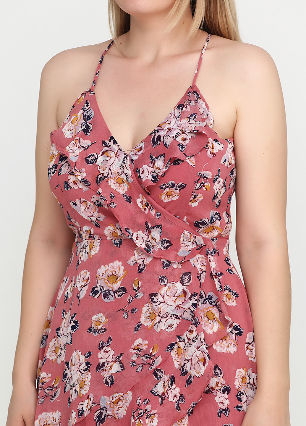 Розовое кэжуал платье на запах Miami с цветочным принтом