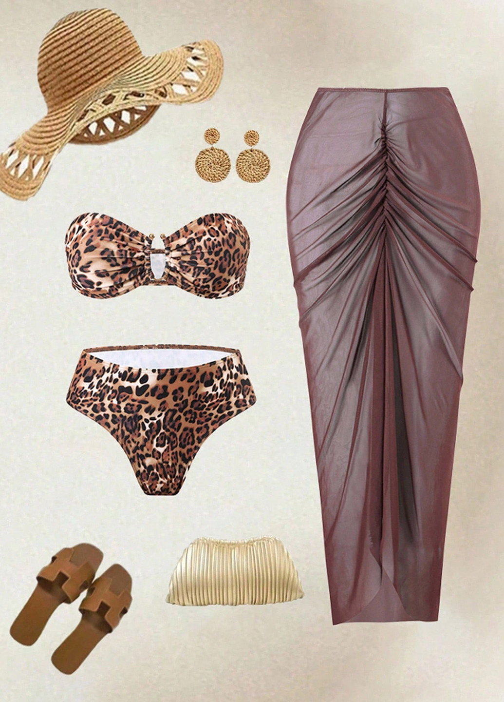 Коричневий літній комплект (ліф, трусики, спідниця) бандо, роздільний SHEIN