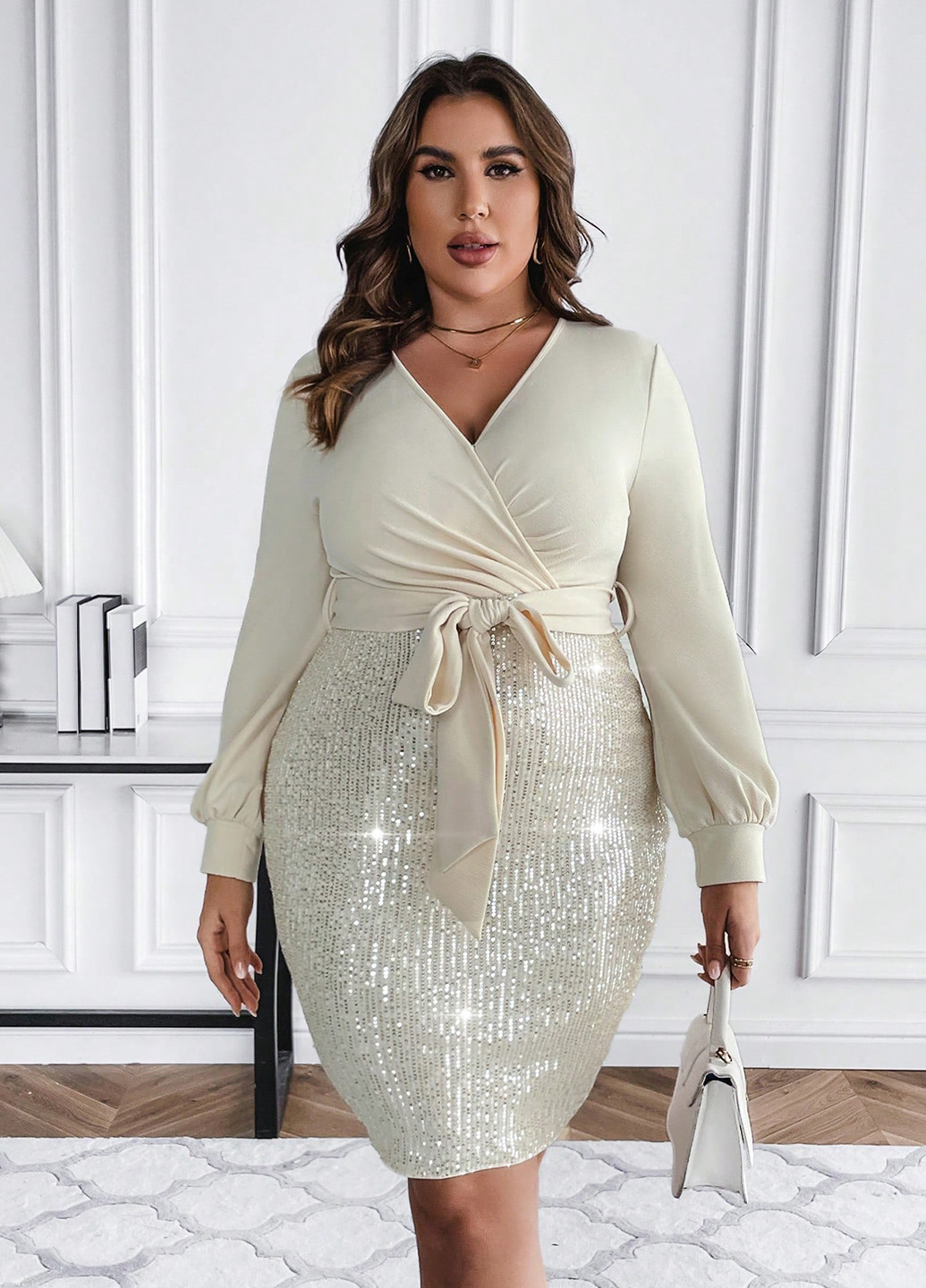 Кремовое вечернее, праздничный платье на запах SHEIN однотонное