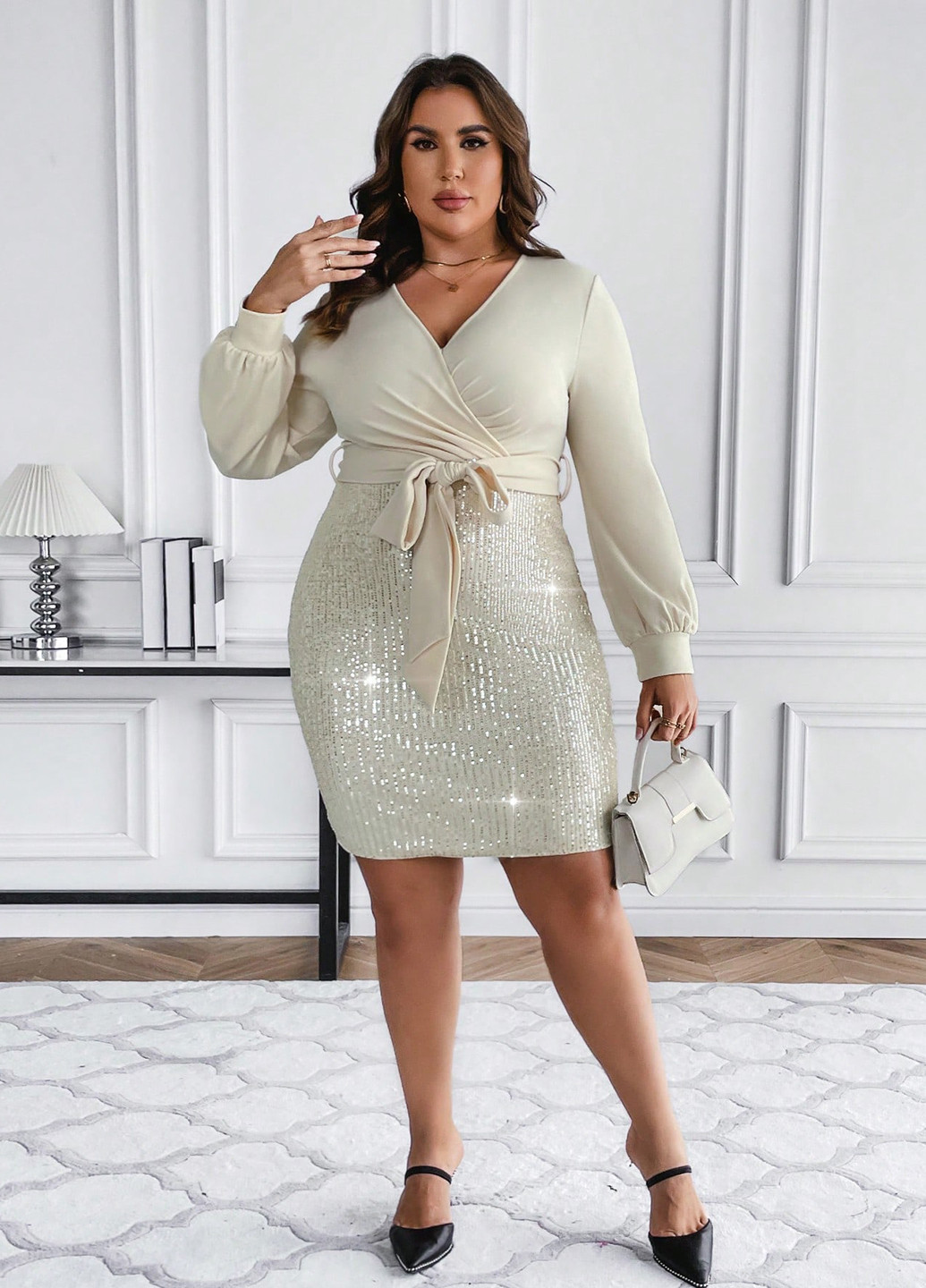 Кремовое вечернее, праздничный платье на запах SHEIN однотонное