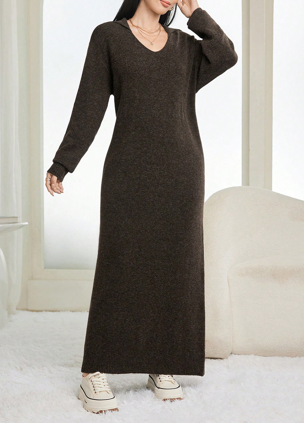 Оливковое (хаки) кэжуал платье платье-свитер SHEIN однотонное