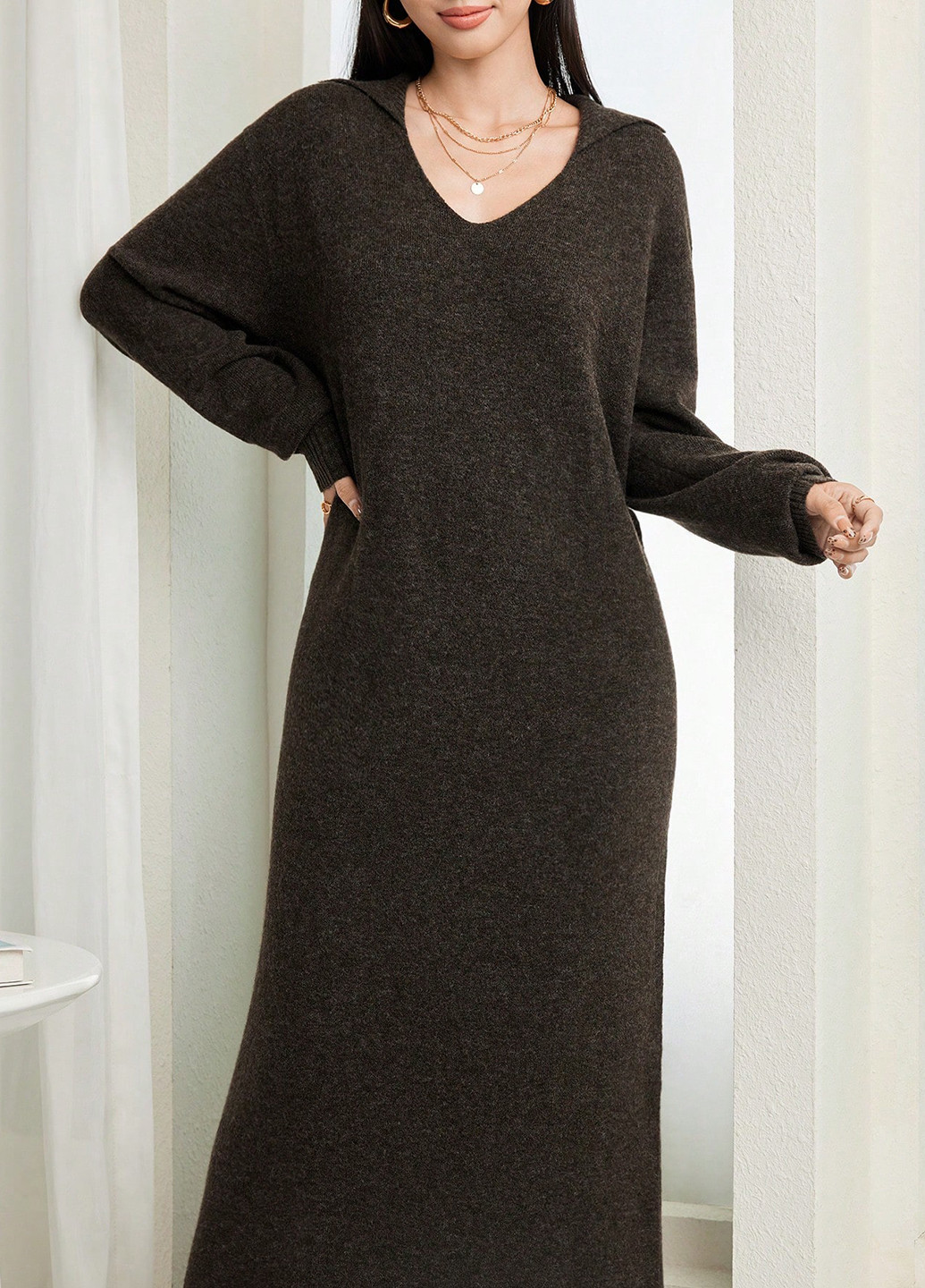 Оливковое (хаки) кэжуал платье платье-свитер SHEIN однотонное