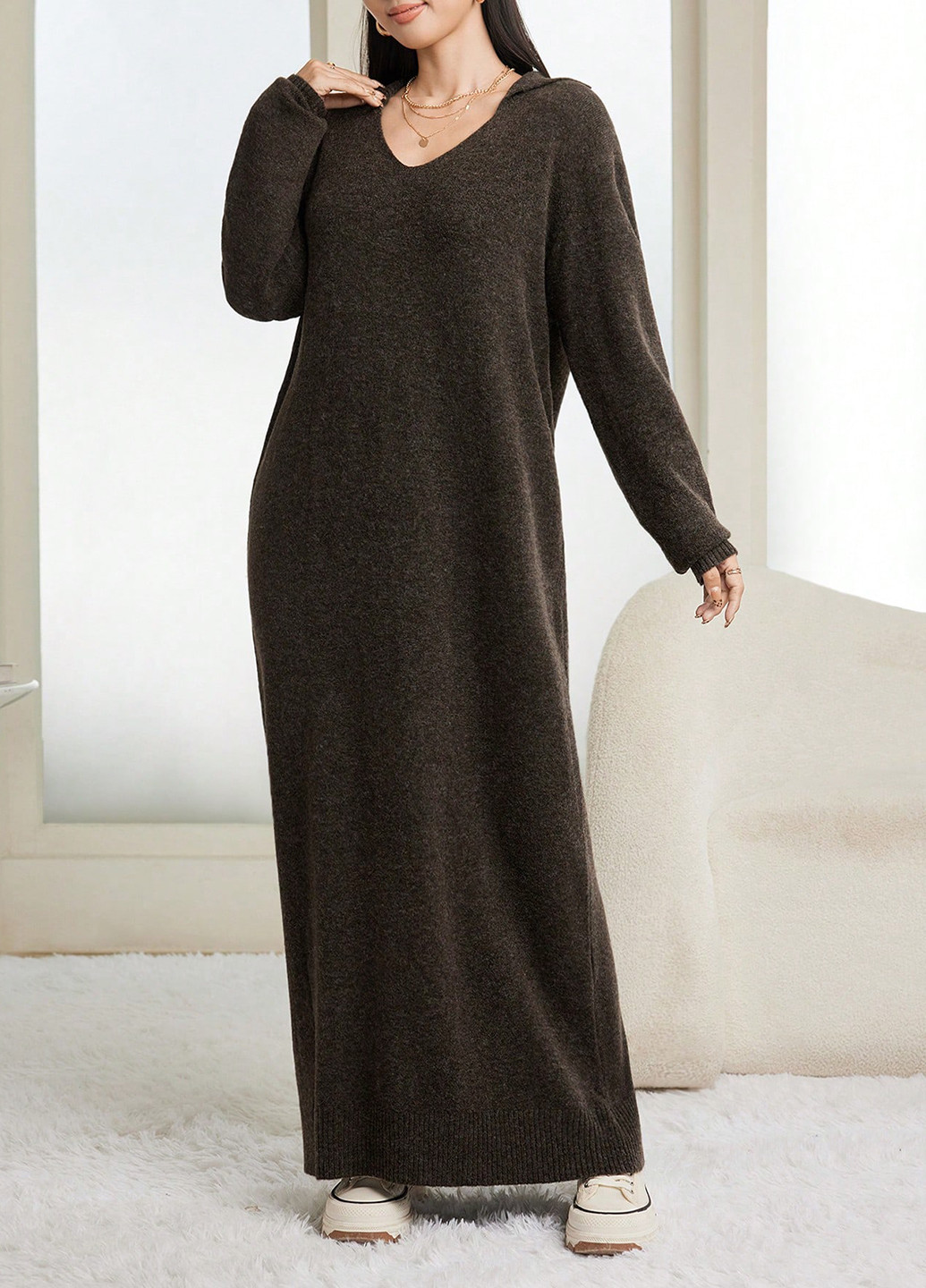 Оливковое (хаки) кэжуал платье платье-свитер SHEIN однотонное