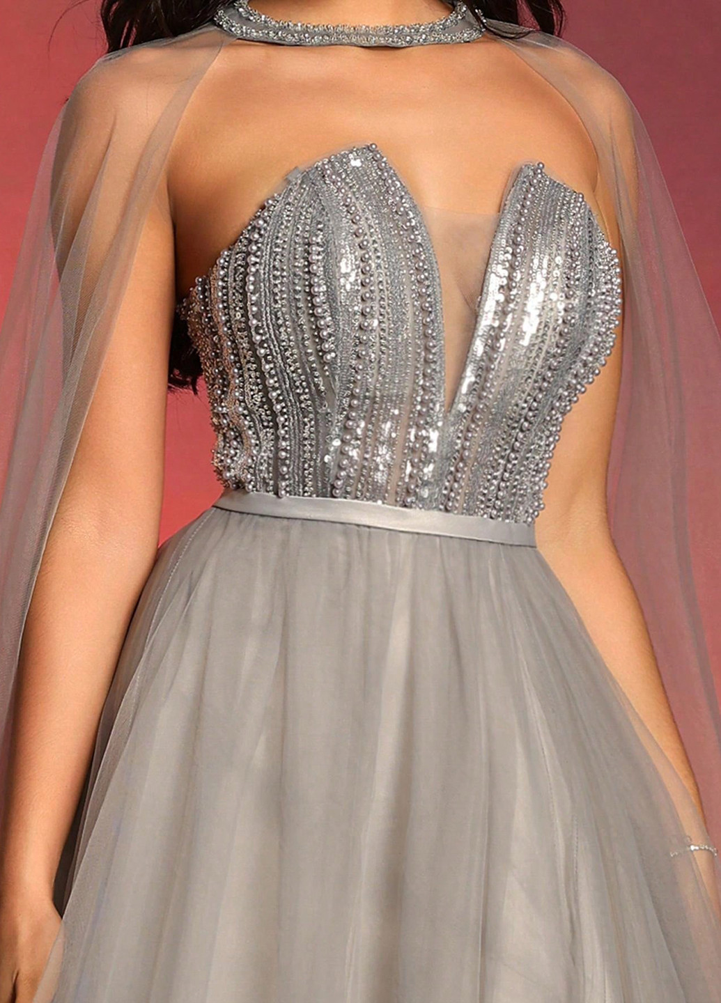 Светло-серое вечернее платье с корсетом SHEIN однотонное