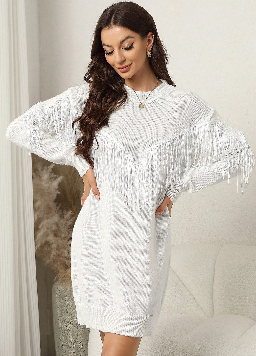 Белое кэжуал платье платье-свитер SHEIN однотонное