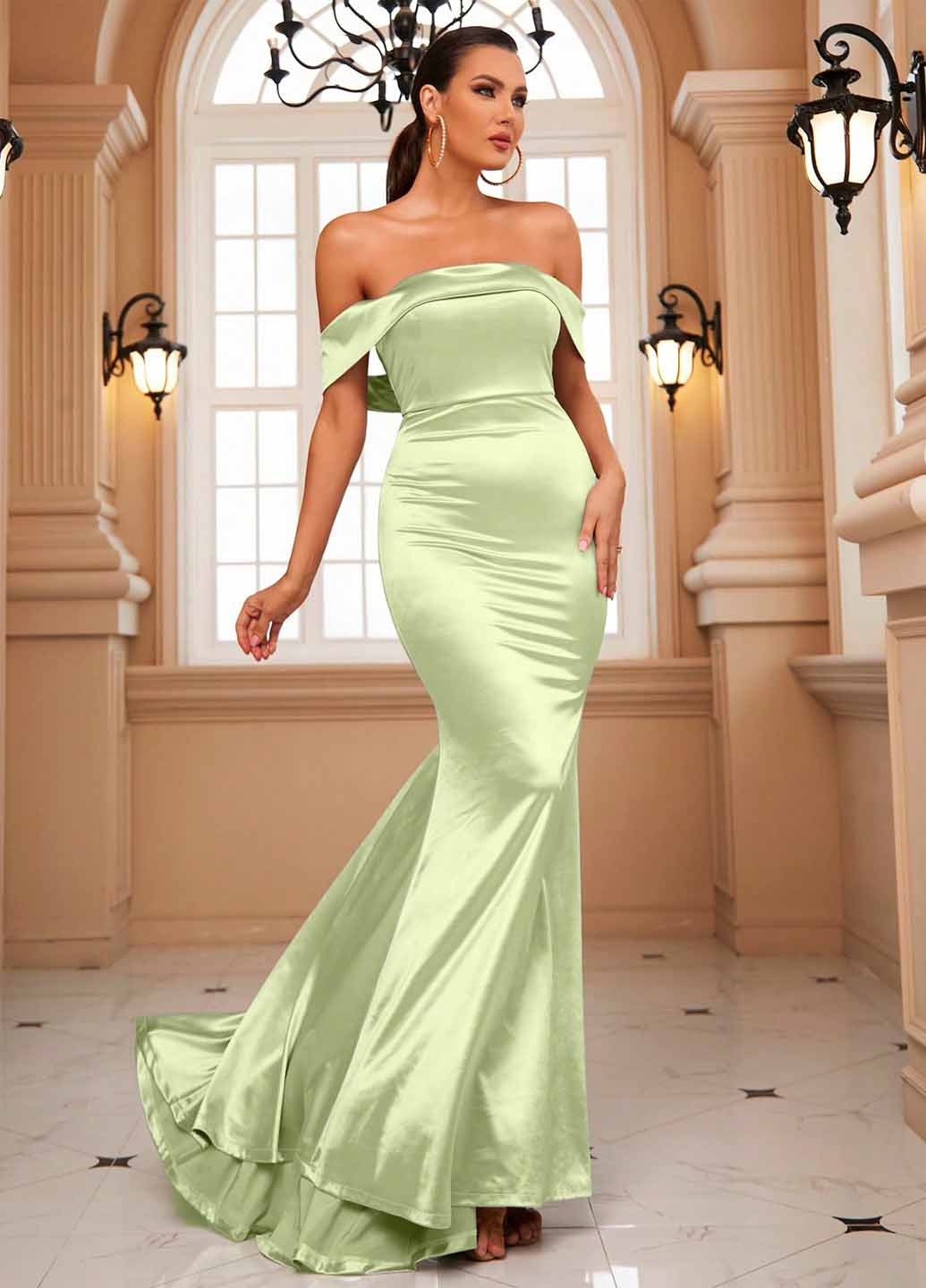 Лайм вечірня сукня годе, з відкритими плечима SHEIN однотонна