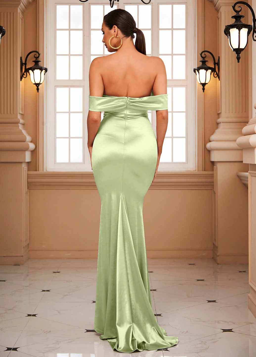 Лайм вечірня сукня годе, з відкритими плечима SHEIN однотонна