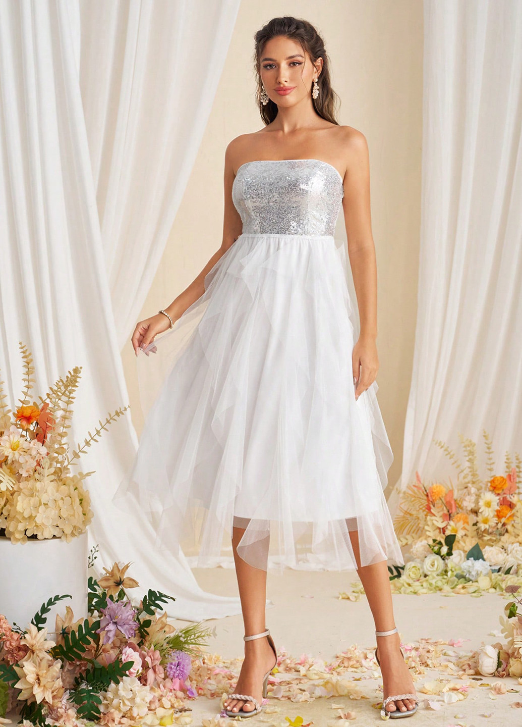 Белое вечернее, праздничный платье бандо SHEIN однотонное