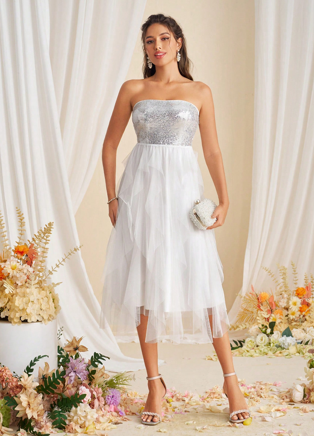 Белое вечернее, праздничный платье бандо SHEIN однотонное