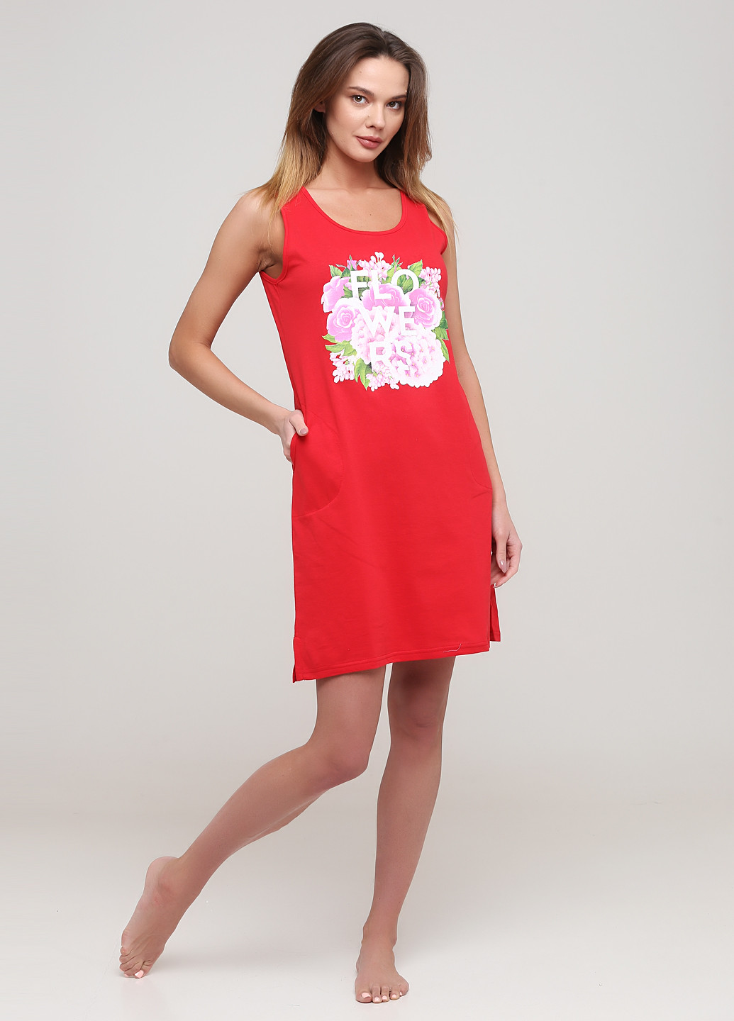 Яскраво-червона домашній сукня Трикомир з квітковим принтом