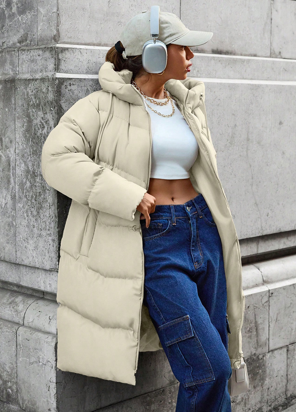 Светло-бежевая зимняя куртка куртка-пальто SHEIN