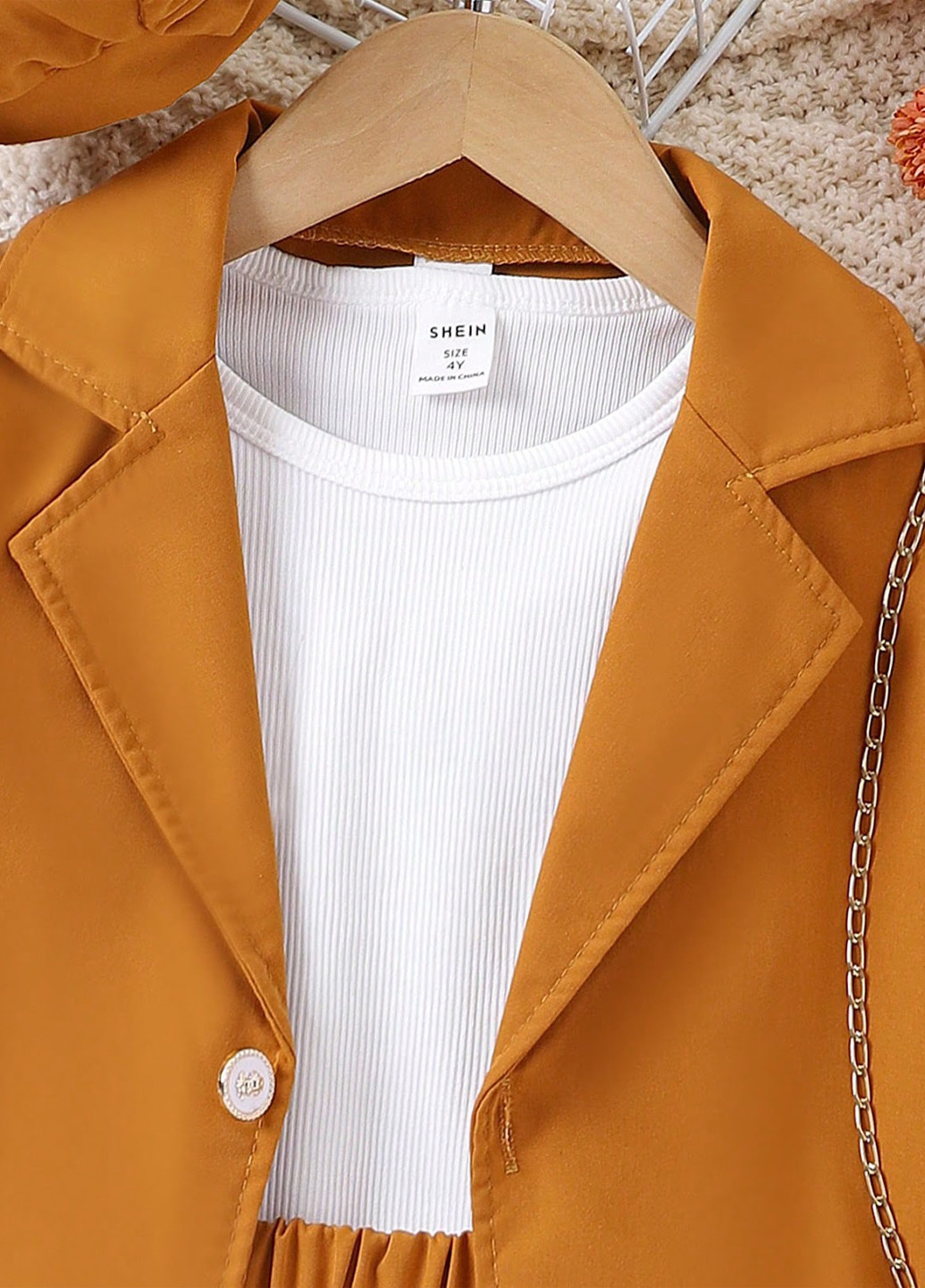 Светло-коричневый демисезонный костюм (жакет, лонгслив, юбка, берет) юбочный SHEIN