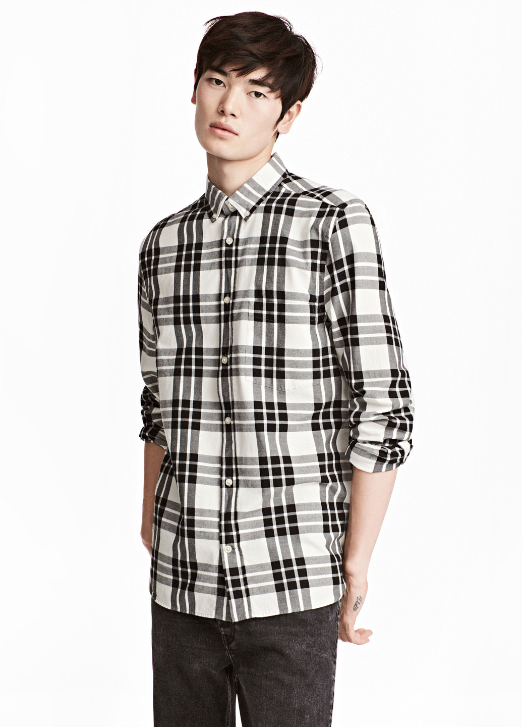 Сорочка H&M клітинка чорно-біла кежуал бавовна