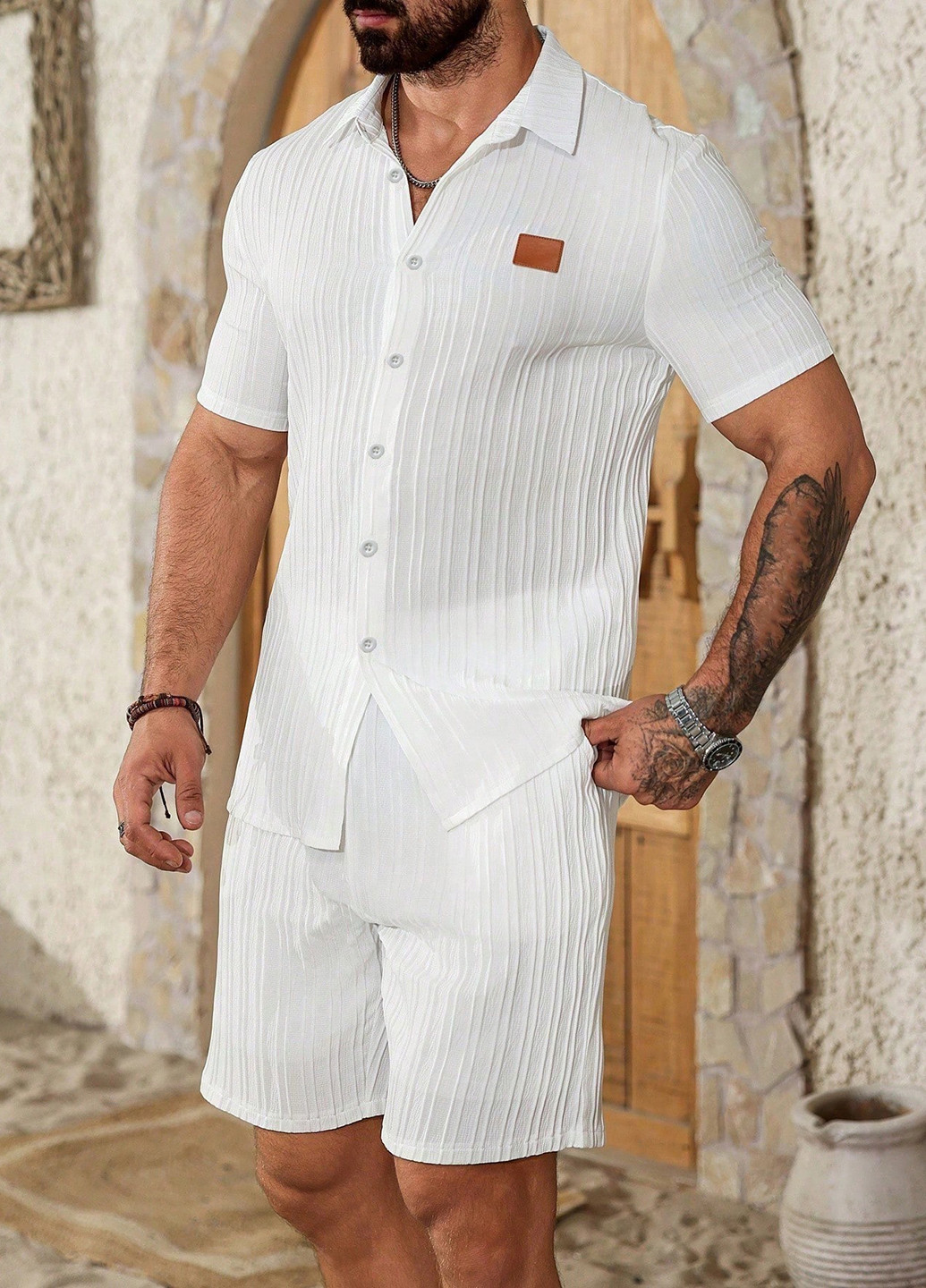 Білий літній костюм (сорочка, шорти) з сорочкою, з шортами SHEIN