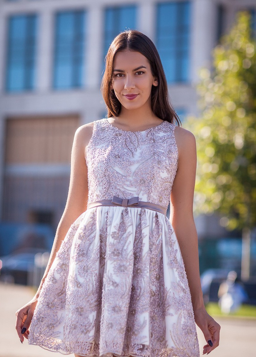 Бежева вечірня плаття з спідницею-сонце FashionYouWant з квітковим принтом