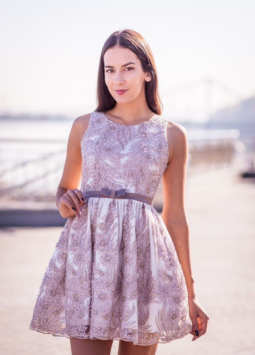 Бежева вечірня плаття з спідницею-сонце FashionYouWant з квітковим принтом