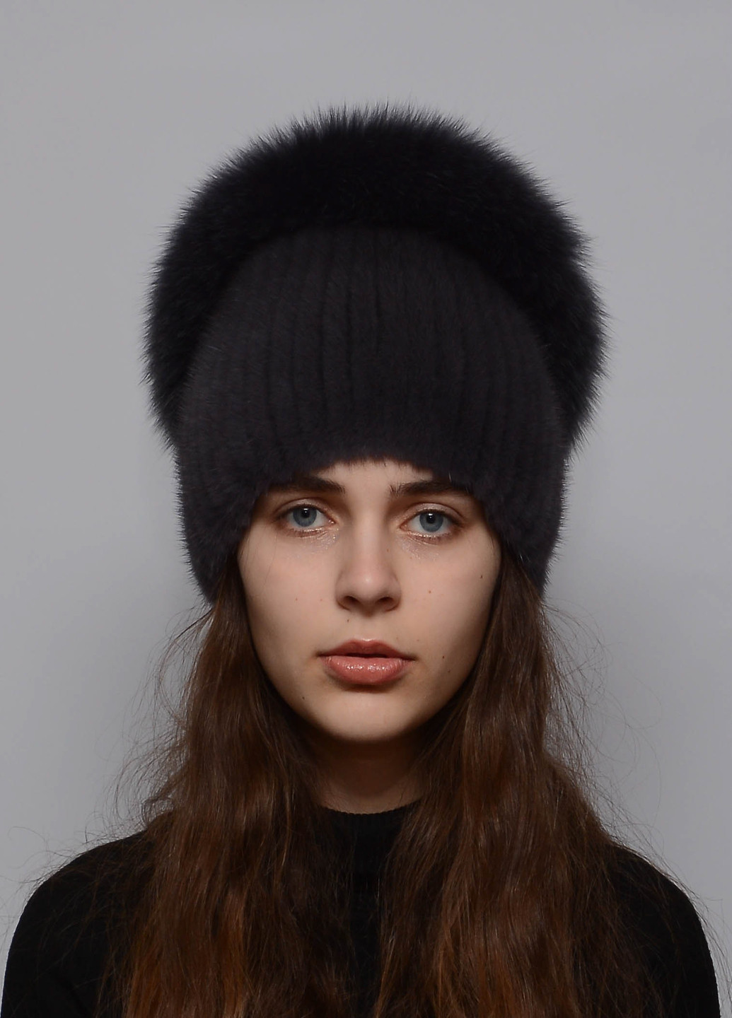 Зимова жіноча шапка з песцем з в'язаній норки Меховой Стиль калкчик (198832089)