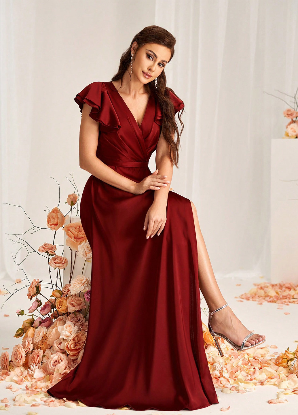 Темно-красное вечернее платье с юбкой-солнце, на запах SHEIN однотонное